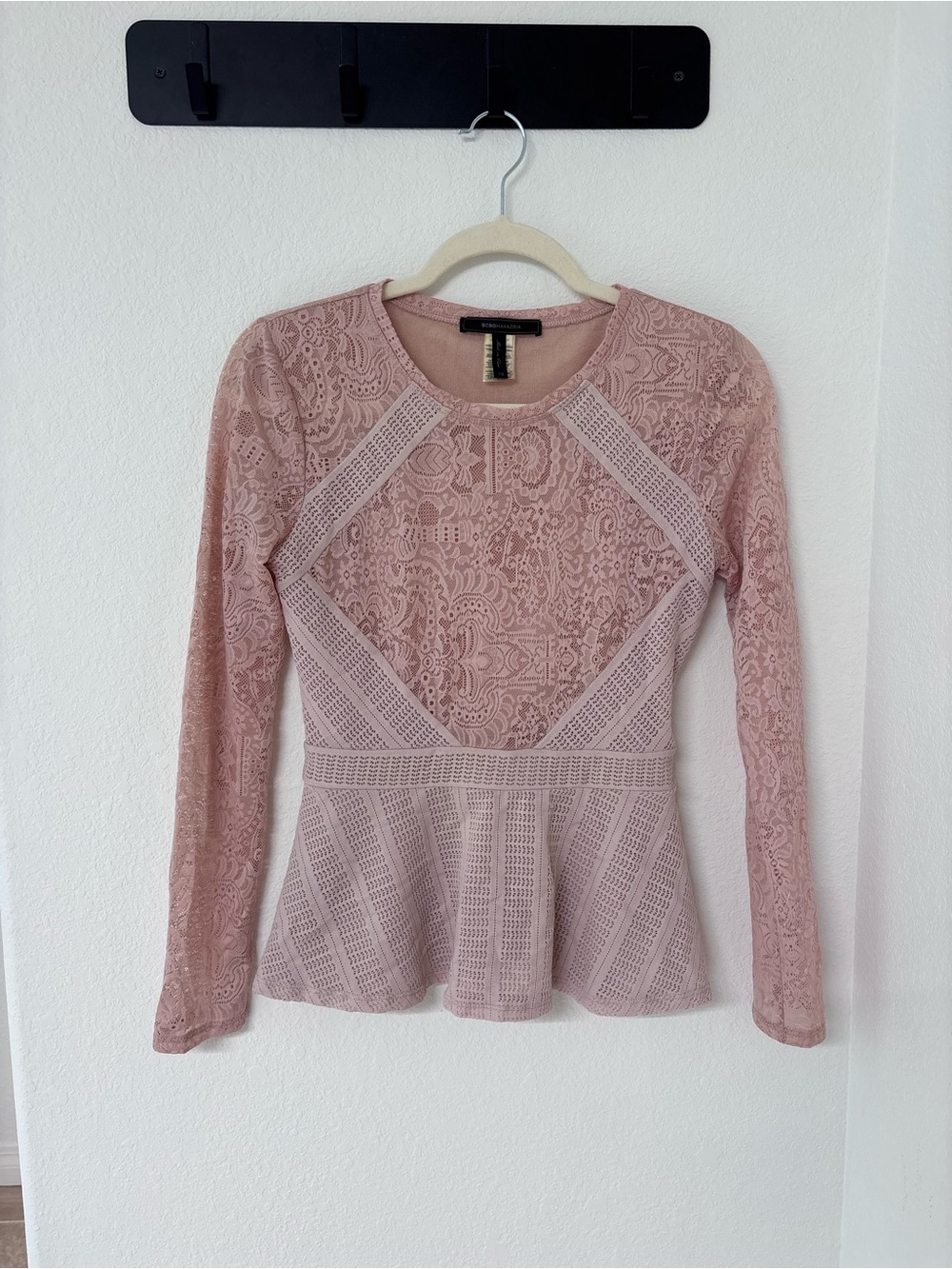 BCBGMaxAzria Blush Lace Peplum Long-Sleeve Top